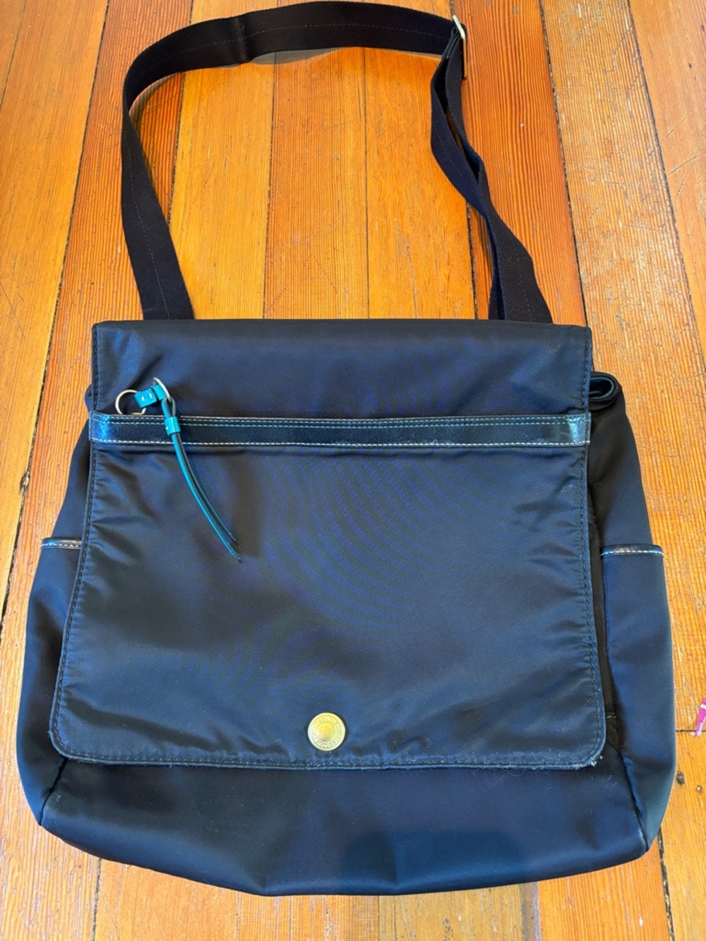 Coach Black Nylon Messenger Bag with Teal Accent